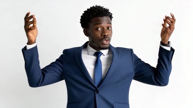 A well-dressed Black man in a blue suit and tie gestures with open palms, appearing uncertain