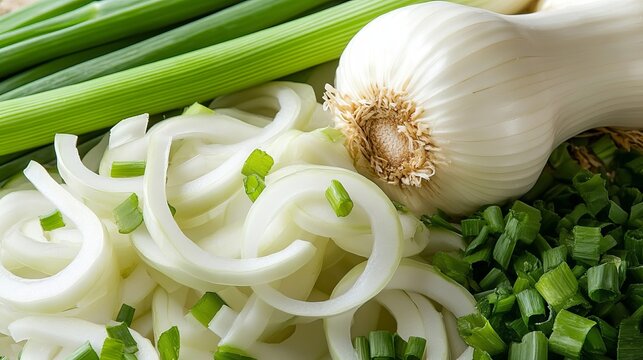 Macro of Freshly Sliced Leeks, Spring Onions, and Garlic Ready for Culinary Preparation and Cooking