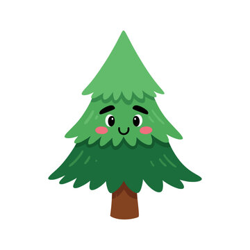 A cartoon tree with a smiling face and rosy cheeks