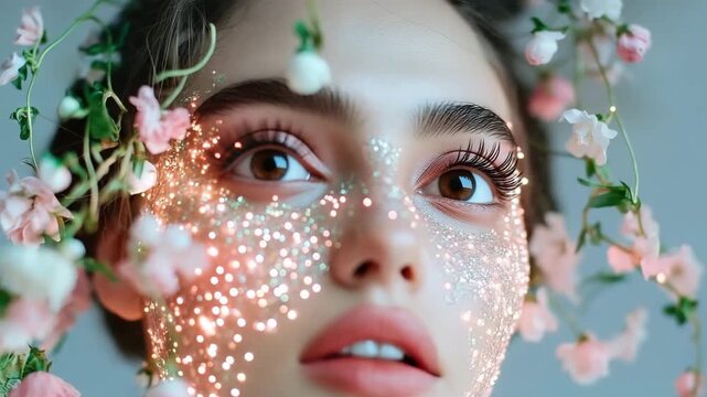 A woman poses with a makeup design featuring flowers, sparkles, and light elements. This captures the essence of Women's Day and artistic expression in a studio setting