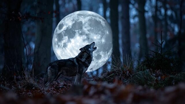 A wolf howls at a large, bright full moon in a dark forest setting