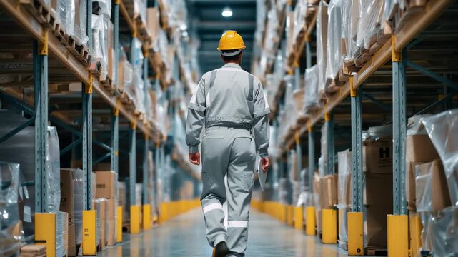 Worker wearing a security suit using a tablet computer in a large warehouse during daytime
