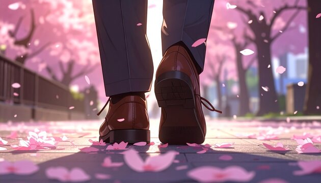 桜の花びらが舞う道　男性の後ろ姿の足元　新生活スタートのイメージ　生成AI素材