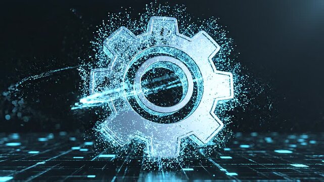 Futuristic holographic gear composed of glowing particles, digital rendering against dark grid background, symbolizing technology, engineering, automation, and cyber transformation in modern innovatio