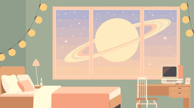 Lofi bedroom with Saturn window view &ndash; Ideal for study playlists, chillout music covers, or aesthetic wallpapers.