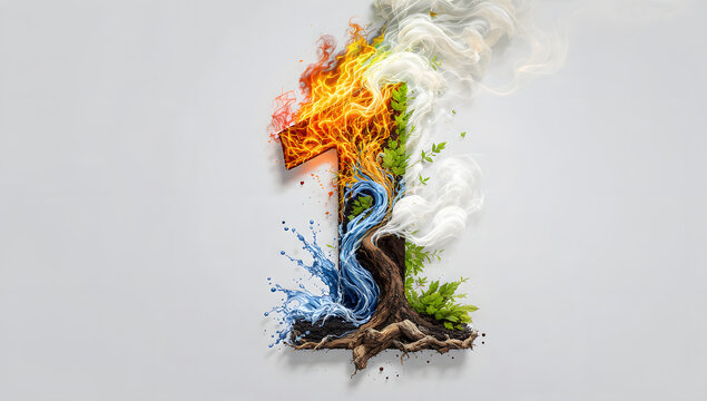 Creative number one design with fire, water, earth, and air elements