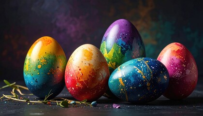 Fototapeta na wymiar Multi-colored bright easter eggs on a dark background Easter symbol greetings Christ is risen Copyspace close-up