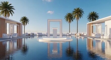 Fototapeta premium Serene tropical resort pool with palm trees and modern architecture under clear blue sky with reflec