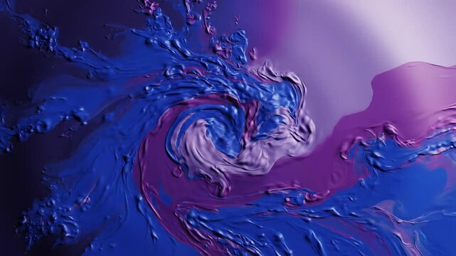 Vibrant blue and purple thick liquid paint dripping and swirling into water, creating textured spiral formations. Top-down view. Concept of elegant abstract art
