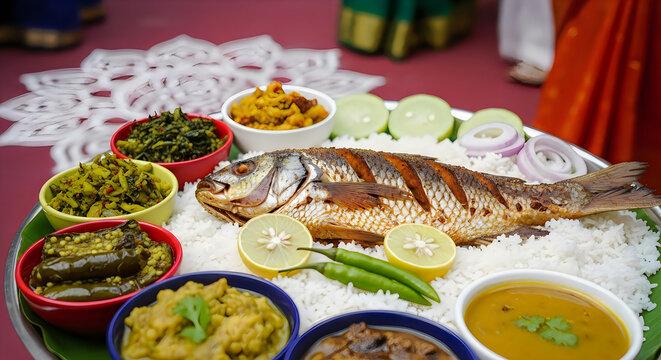 Grilled hilsa fish with traditional Bengali platter and festive condiments on red tablecloth