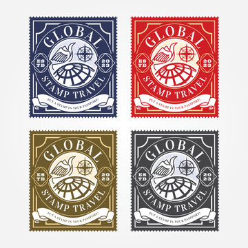 Editable creative travel logo template in a stamp shaped emblem