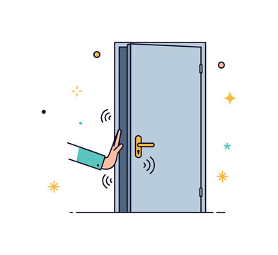 Squeaky door scene featuring a hand pushing a slightly tilted door with small curved lines and tiny sound icons indicating noise, creating a relatable everyday