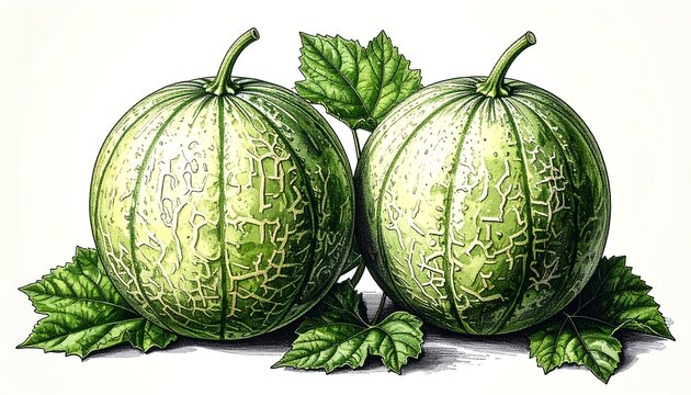 Vintage Illustration of Two Green Cantaloupe Melons with Leaves.