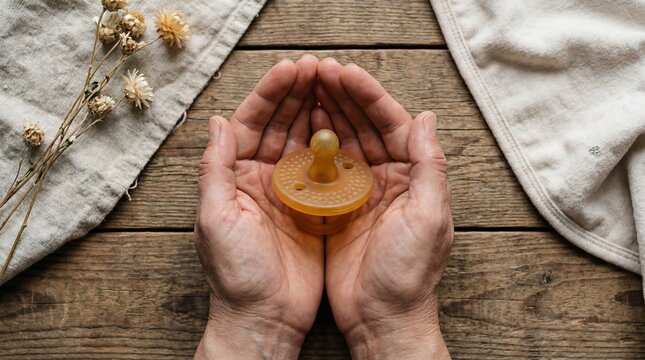Overhead View of Hands Holding a Natural Rubber Pacifier Depicting Sustainable Baby Care