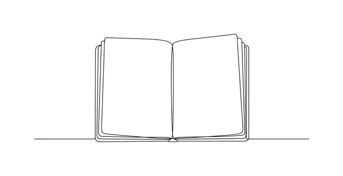 Open Journal. Minimalistic one-line drawing open notebook with blank or lined pages spread, continuous single black line on white background, simple outline