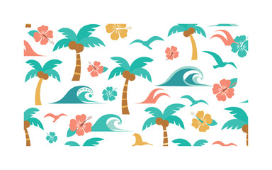 Obraz premium beach palm pattern seamless pattern, palm trees, coconuts, sun, ocean waves, birds and hibiscus flowers arranged in a repeating pattern, white background with