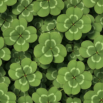 Seamless Pattern of Lucky Four Leaf Clovers and Three Leaf Clovers.