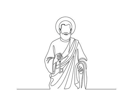 Saint Peter Symbolic Icon. Minimalistic one-line drawing abstract Saint Peter with key and halo as symbolic religious icon, continuous single black line on