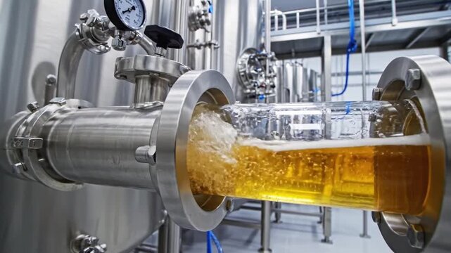 Industrial Brewing Setup With Flowing Wort. Modern Brewery Pipeline Demonstrating Fermentation Process. Hightech Brewing Facility With Active Wort Circulation And Control Mechanisms