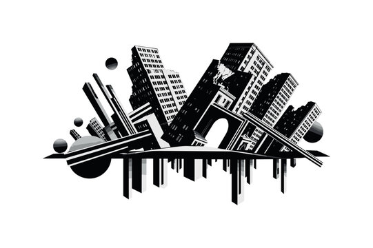 tilted buildings and broken structures, geometric lines blocks and circles emphasizing chaos and disorientation, black and white retro realistic ruins with