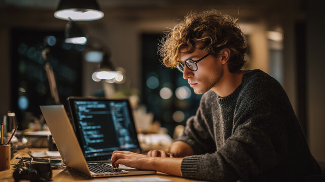  Software developer working on coding in modern tech environment.

