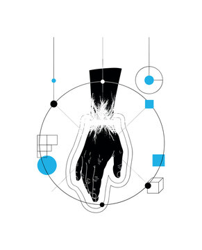 human hand suspended with frost effect abstract circles lines and geometric blocks representing immobility black and white retro hand object with white outline