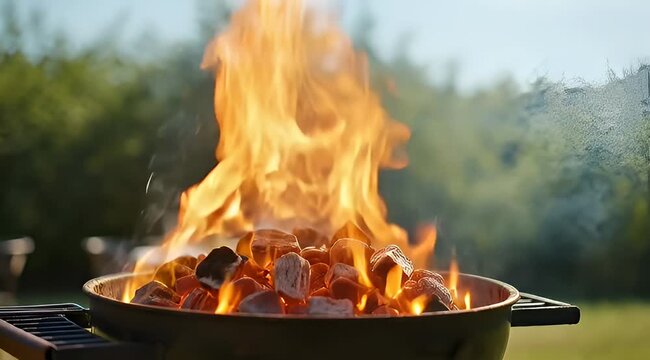 Hot coals igniting in a barbecue grill with bright flames