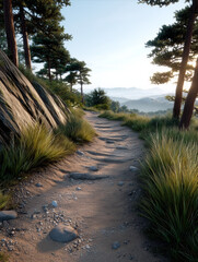 Fototapeta premium Peaceful mountain hiking trail with rocky path, tall grass, pine tree, sunrise, scenic landscape, outdoor adventure, tranquil morning