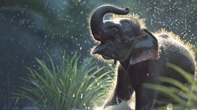Majestic Asian Elephant enjoying a refreshing shower amidst lush green tropical foliage, a scene of natural wonder