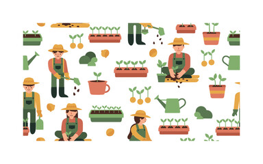 Fototapeta premium farmers planting seeds seamless pattern, eco-friendly agriculture, seedlings, seed trays, watering cans and sprouting plants arranged in a repeating pattern,