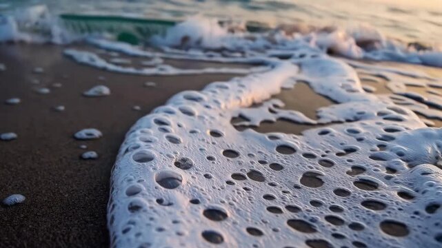 Macro close-up of foamy sea foam on wet sand; warm light highlights bubble textures and ripples for a tranquil beach scene