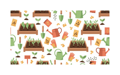 Naklejka premium backyard planting seamless pattern, raised vegetable beds, trowels, watering cans, seeds, seedlings, gloves and garden markers arranged in a repeating pattern,