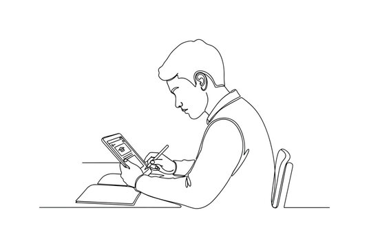 Student Using Education App. Minimalistic one-line drawing student sitting and studying with a tablet educational application, continuous single black line on