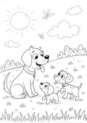 Fototapeta premium Cute Dog Family Outline Sketch for Coloring Book 