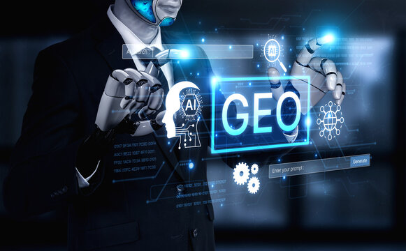 Digital marketing concept featuring GEO strategy. Generative AI search visual shows GEO interface integrating intelligence, logic, and AI input system for prompt tasks. Corpus