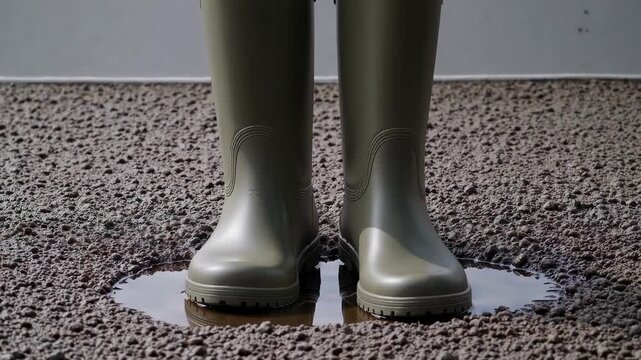 Close-up of two olive-green rubber boots standing side by side in a shallow puddle on a gravel surface; rugged outdoor footwear in a damp urban setting