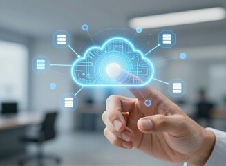 Naklejka premium Business hand touching cloud computing and digital network interface on virtual screen