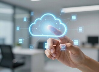 Fototapeta premium Business hand touching cloud computing and digital network interface on virtual screen