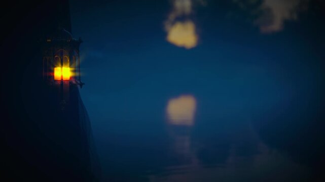 dark silhouette person close-up hand holding lantern magical orange warm light, fantasy gothic woman witch floating in boat down river night lake nature fog. Mystery girl in ship. Black dress cape.