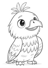 Fototapeta premium A cute eagle with a small tuft of feathers on its head, drawn as an outline sketch, only black lines, no colors, simple and clean for a children's coloring book.