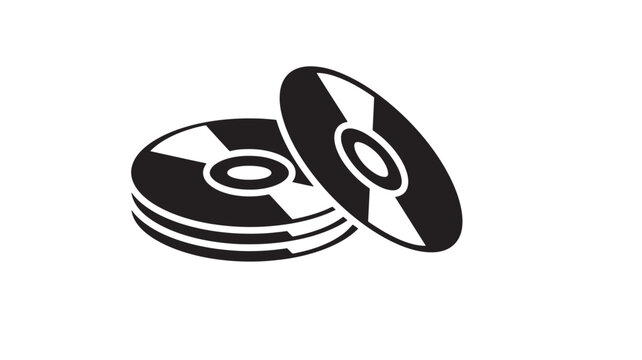 Discs stack with a single disc tilted, solid black icon design, representing digital media storage and data.