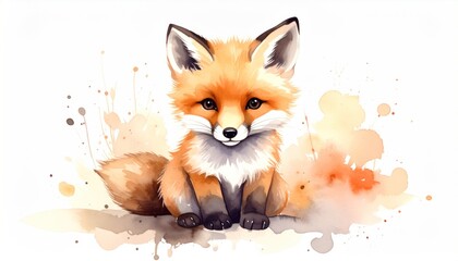 Obraz premium Adorable Watercolor Fox Cub Illustration on White Background.