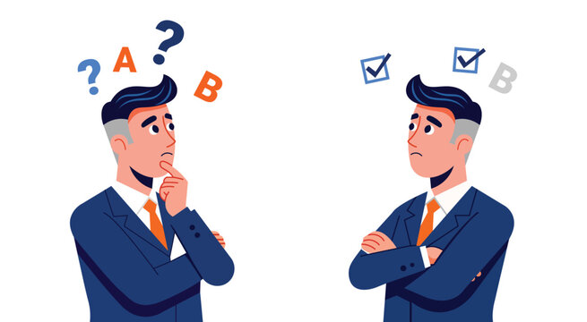 Two businessmen with thoughts of uncertainty and certainty