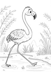 Fototapeta premium A cute flamingo walking gracefully along the water's edge, drawn as an outline sketch, only black lines, no colors, simple and clean for a children's coloring book.