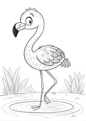 Fototapeta premium A cute flamingo with tiny ripples under its feet, drawn as an outline sketch, only black lines, no colors, simple and clean for a children's coloring book.