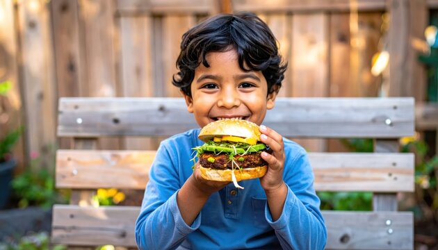 Young boy eating a burger outdoors.