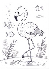 Fototapeta premium A cute flamingo surrounded by tiny fish swimming near its legs, drawn as an outline sketch, only black lines, no colors, simple and clean for a children's coloring book.