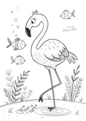 Fototapeta premium A cute flamingo surrounded by tiny fish swimming near its legs, drawn as an outline sketch, only black lines, no colors, simple and clean for a children's coloring book.