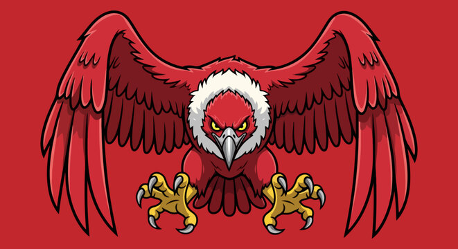 Aggressive Red Vulture Mascot Vector Illustration with Spread Wings and Sharp Talons on Red Background