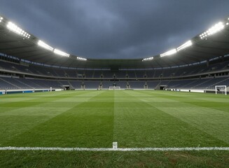 Fototapeta premium Empty soccer stadium with green football field under dramatic stormy sky